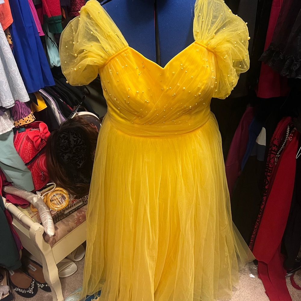 Yellow Tulle Dress with Puff Sleeves